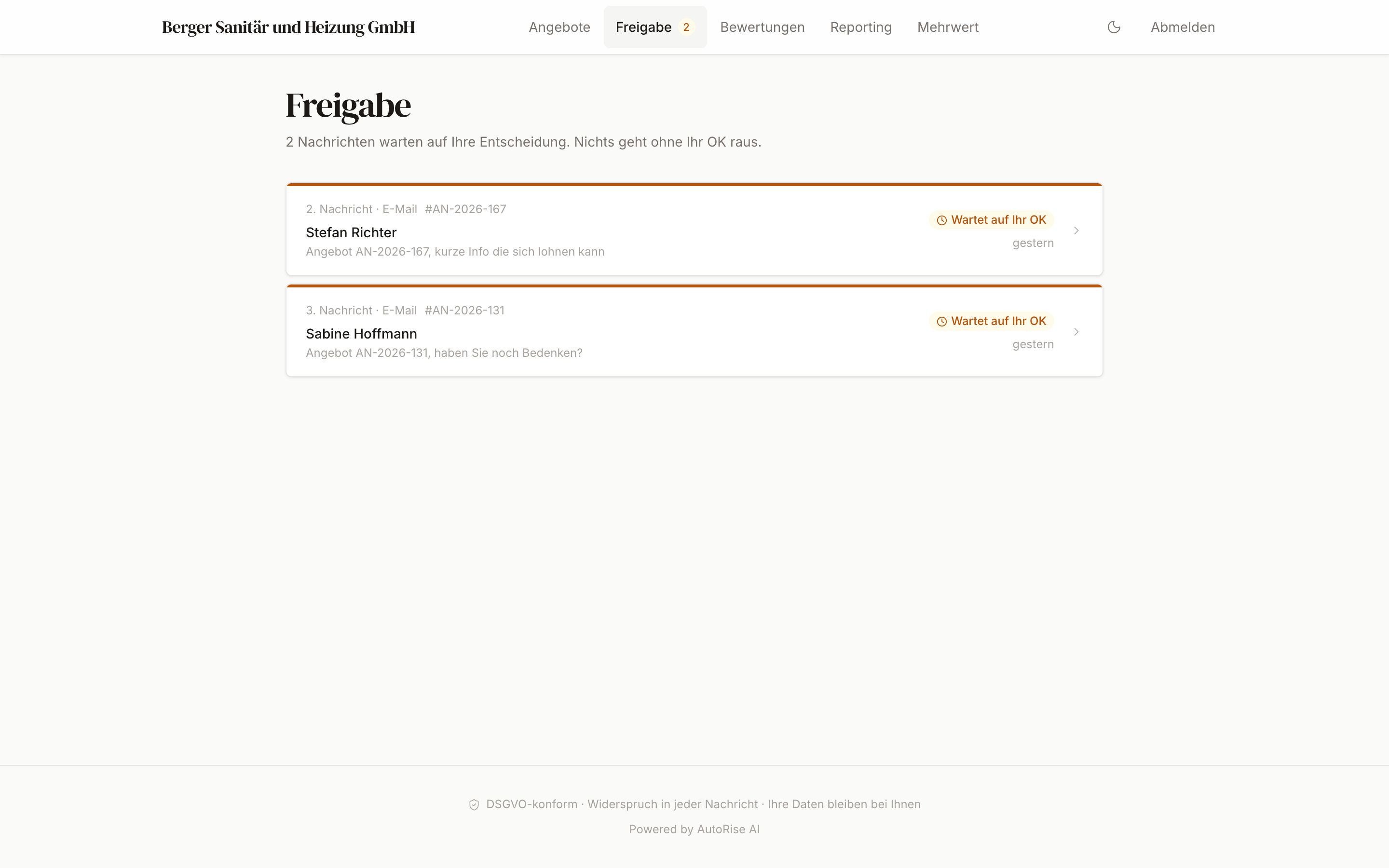 Freigabe-Ansicht des Dashboards